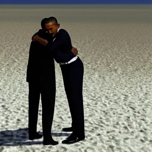 Prompt: Walter White hugging Barak Obama on the beach, artistic, 8k, dramatic lighting