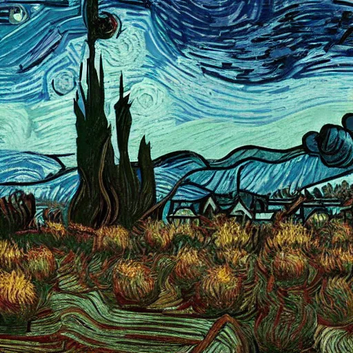 Image similar to resident evil 8 environment in the style of van gogh