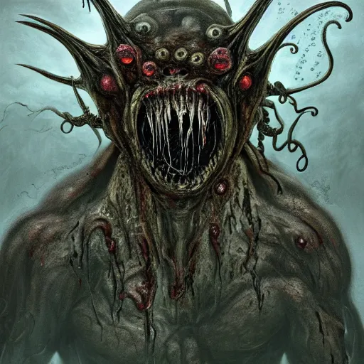 Image similar to Dark fantasy Painting of a hulking muscular demonic flesh creature covered in boils with drool dripping from its mouth, hr giger muscles, tentacles growing from its face, rising out of the depths of the foggy water, full body, disgusting, creepy, unsettling, horror, intricate, wild, highly detailed, digital painting, artstation, concept art, smooth, sharp focus, illustration, art by artgerm and greg rutkowski and alphonse mucha