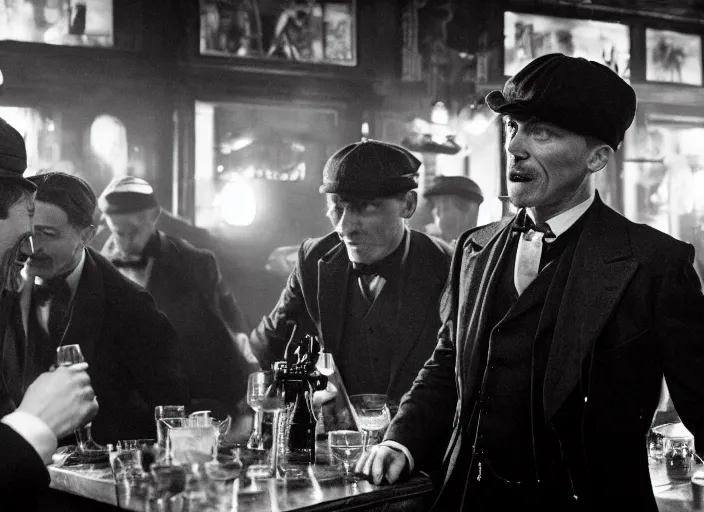 Prompt: an celebration in a bar scene from the series peaky blinders, scarlet johansen, happy, joyful, laughter, celebration, black and white, cinematic, epic,