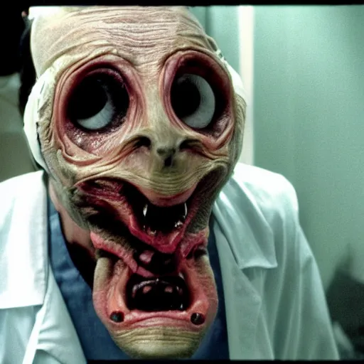 Image similar to a creepy filmic 30mm filmic wide shot ground level angle movie still color film photograph of a 70-year old doctor wearing a surgical mask being overtaken by a dangerous shape shifting alien creature, with multiple mutated snarling drooling human faces with a grotesque variety of gorey human limbs in the style of a live action 1980s horror film, The Thing 1982