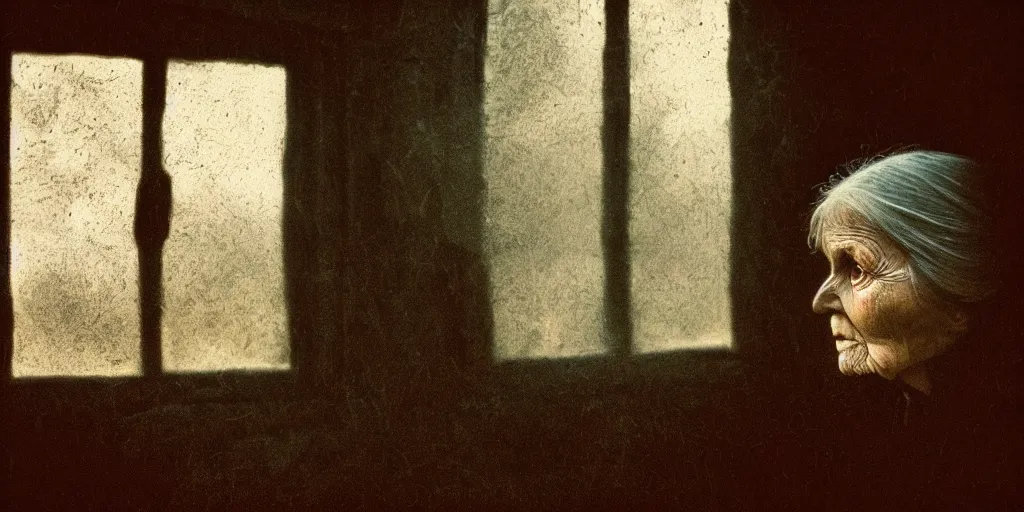 Image similar to portrait bust of old woman, tired expression, faded color film, russian cinema, tarkovsky, kodachrome, inside old cabin, next to window, heavy forest outside, long brown hair, old clothing, heavy fog, brown color palette, hudson river school, 4 k, dramatic lighting, greg rutkowski