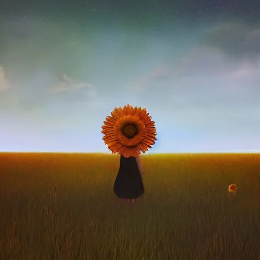 Image similar to giant daisy flower as a head, girl walking in field, surreal photography, moon light, dark night, dramatic, impressionist painting, clouds, digital painting, artstation, simon stalenhag