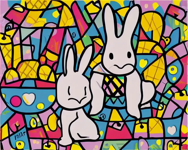 Image similar to a very cute netherland dwarf black bunny, art by romero britto