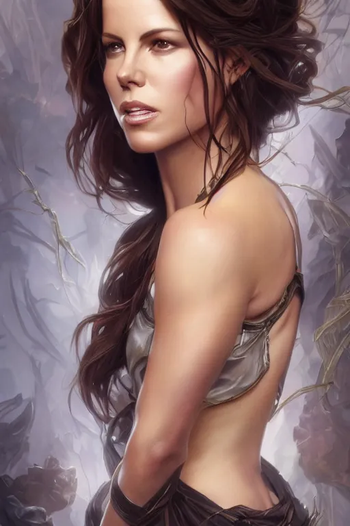 Image similar to portrait of a kate beckinsale, upper body, fantasy, intricate, elegant, highly detailed, digital painting, artstation, concept art, matte, sharp focus, illustration, art by Artgerm and Greg Rutkowski and Alphonse Mucha