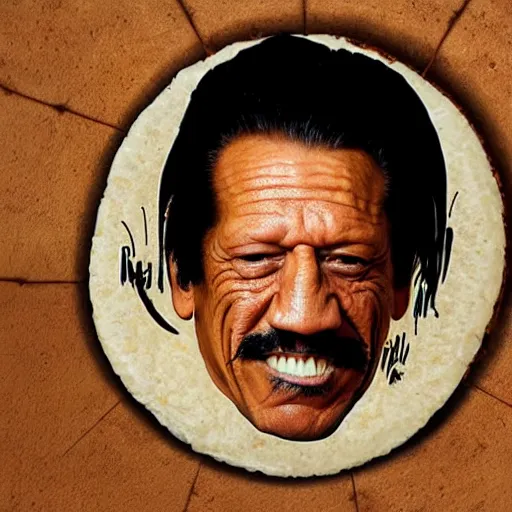 Prompt: danny trejo's face on a tortilla