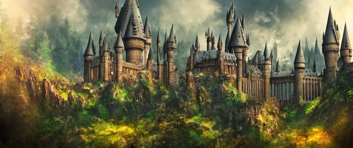 Image similar to huge hogwarts type castle city in the forest behind a garden, concept art, digital painting, style of jordan grimmer, warm lighting, futuristic, volumetric lighting, view from below, vivid colours, bright, daytime, godrays, high detail