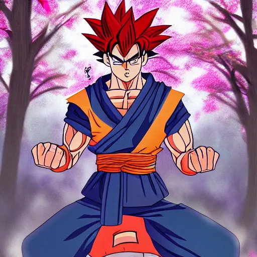 Prompt: samurai goku in a spring forest full of pink petals, digital art, ilustration, HDR