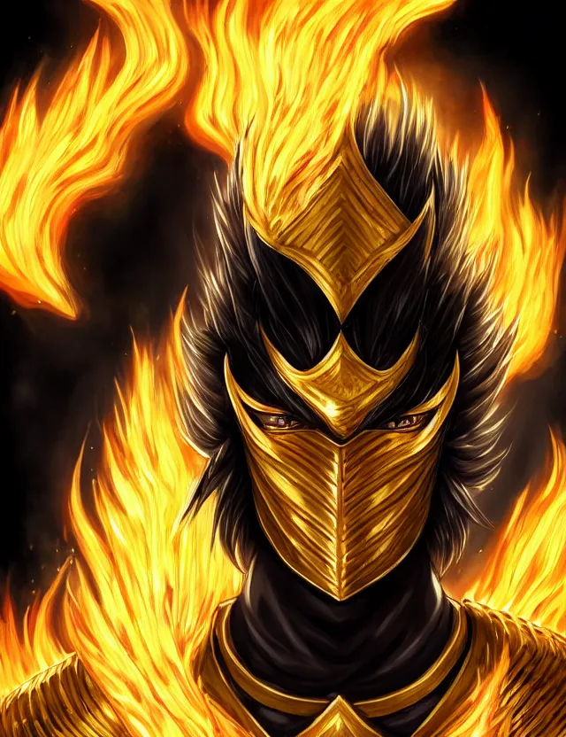 Image similar to a detailed manga portrait of a black haired man with hazel eyes in gleaming golden armour that burns with golden fire, trending on artstation, digital art, 4 k resolution, detailed, high quality, sharp focus, hq artwork, coherent, insane detail, character portrait