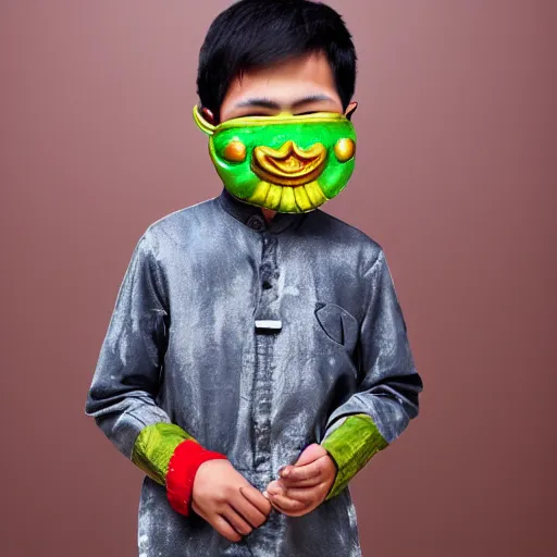 Image similar to 8 k, uhd, 1 9 4 7 asian boy use wear topeng sunda mask, with casual clothes, highly details form