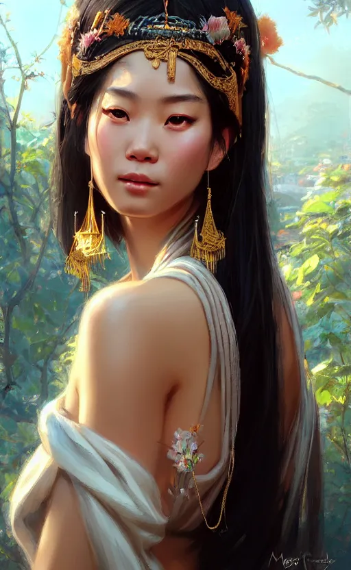 Image similar to a beautiful taiwan goddess with sundress with jewelry | | winter, realistic shaded, unpleasant face, good looking, fine details, realistic shaded lighting poster by greg rutkowski, magali villeneuve, artgerm, jeremy lipkin and michael garmash and macoto takahashi