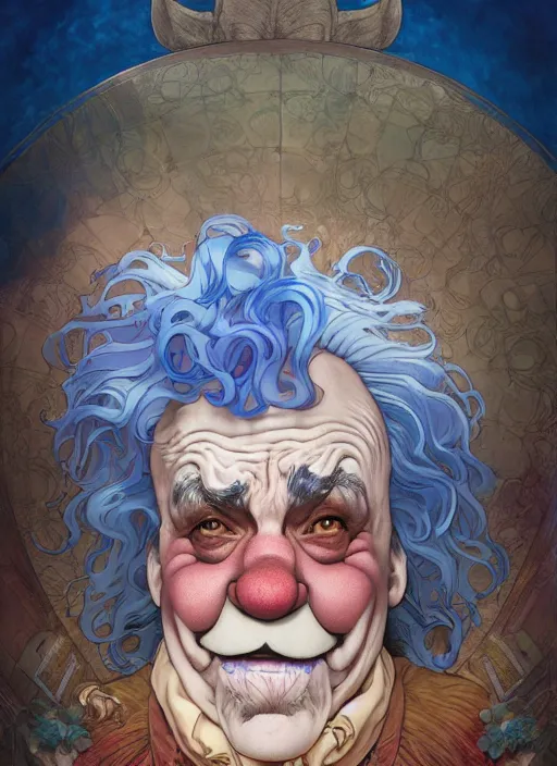 Prompt: wrinkled old clown with curly shiny shimmering blue hair, path traced, highly detailed, high quality, digital painting, by studio ghibli and alphonse mucha, leesha hannigan, hidari, disney