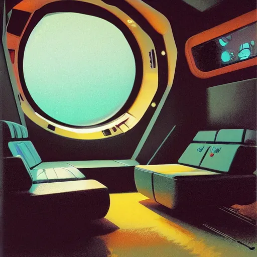 Image similar to Cozy interior of a spaceship, teal lighting, cozy lighting, space seen outside from a window, by Syd Mead, John Harris, Federico Pelat