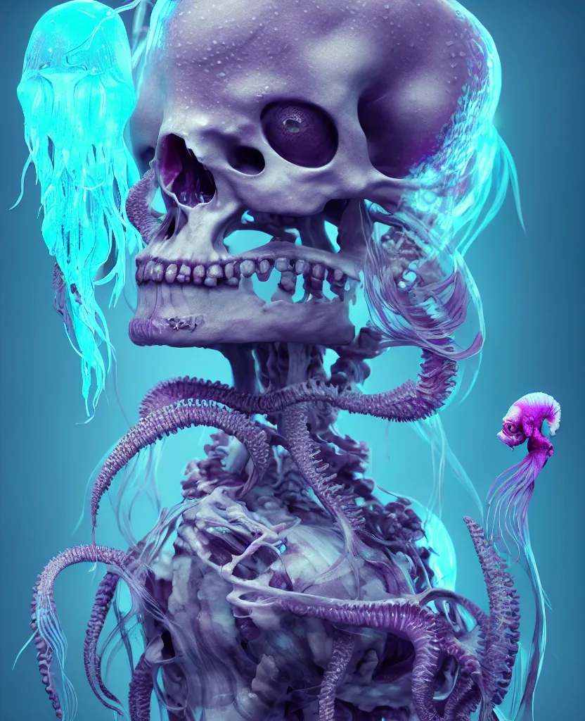 Image similar to goddess close - up portrait human skeleton, ram skull, squid phoenix jellyfish, orchid, betta fish, bioluminiscent, intricate artwork by tooth wu and wlop and beeple. octane render, trending on artstation, greg rutkowski very coherent symmetrical artwork. cinematic, hyper realism, high detail, octane render, 8 k