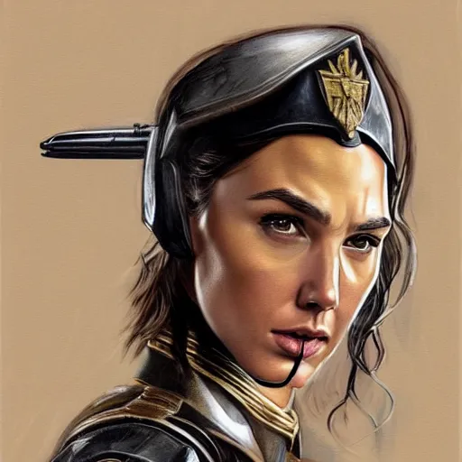 Image similar to a detailed and complex, highly detailed, concept art, depicting gal gadot in military uniform. painting by dmitri moor