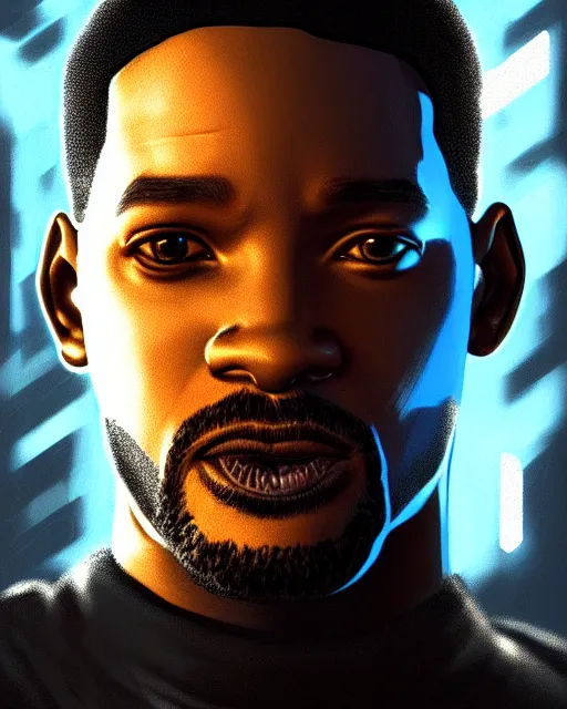 Image similar to portrait of cyberpunk will smith, grim - lighting, high - contrast, intricate, elegant, highly detailed, digital painting, artstation, concept art, smooth, sharp focus, illustration