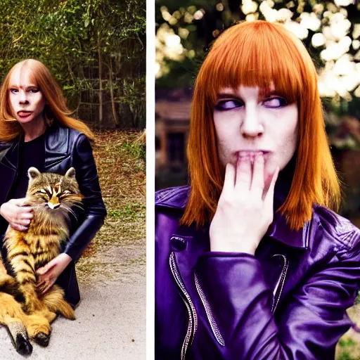 Prompt: a photo by arbus of a slender beautiful woman with straight ginger hair and bangs, wearing purple leathers and gold helmet, posing with large ginger tabby and raccoon on a motorcycle in front yard, holding coffee mug and toasted brioche bun, fashion photography, dramatic lighting, 8 5 mm lens