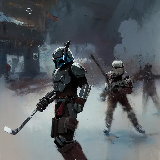 Prompt: the mandalorian, ice hockey setting, by craig mullins, jeremy mann, jeremy mann.