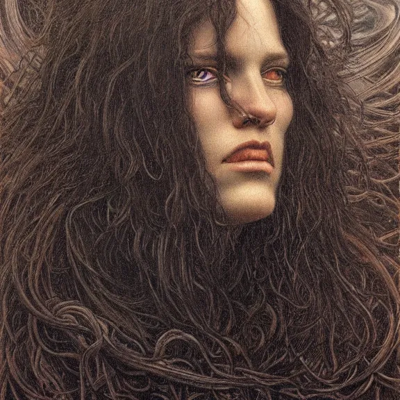 Prompt: a highly detailed portrait in the style of jean delville and in the style of gerald brom.