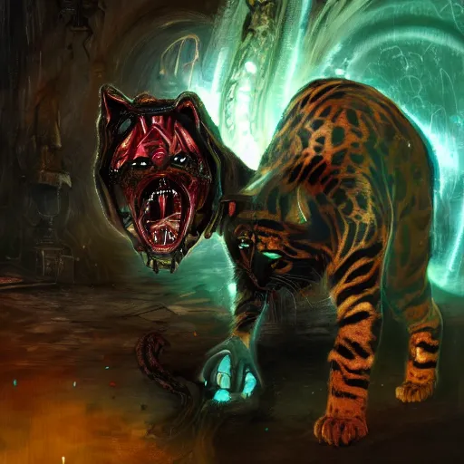 Image similar to a bengal cat with RGB LED body armor fighting a wraith inside a haunted house, dark fantasy, horror, highly detailed, digital painting, concept art, illustration, trending on artstation. deviantart