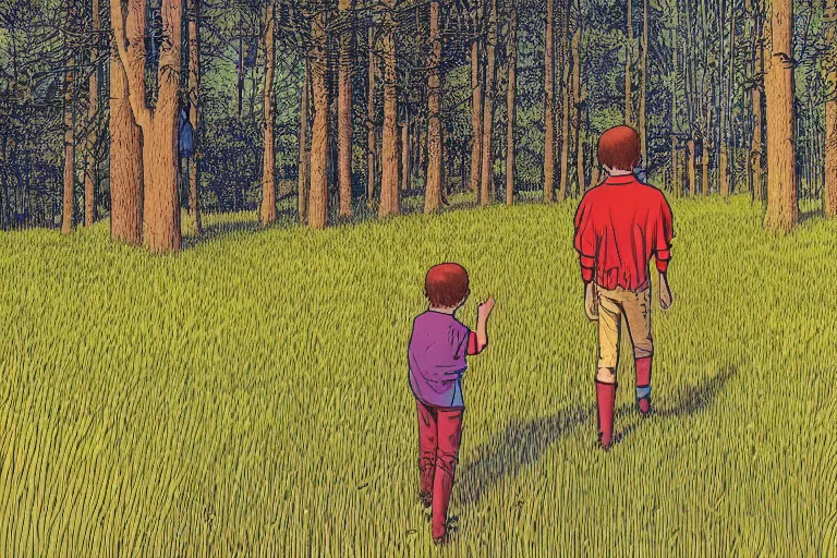 Prompt: perspective view of a young boy walking in a field of high grass facing a huge magnificent thick forest, very graphic illustration by moebius and jean giraud, drawing, clean line, colorful comics style