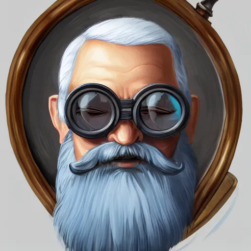 Image similar to a front-facing portrait of an old man with a grey beard and blue hair wearing steampunk goggles, dungeons and dragons character art, highly-detailed illustration, Artstation