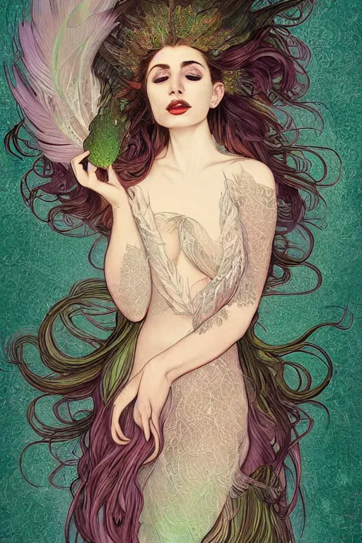 Prompt: ombre fishnet gown, queen of feathers, lace, leaves, portrait, long green hair, wings, emeralds, tattered dress, glasses, tattooed pinup, feral languid emma roberts, by anato finnstark, alphonse mucha, kilian eng and frederic leighton and rosetti, global illumination, radiant light