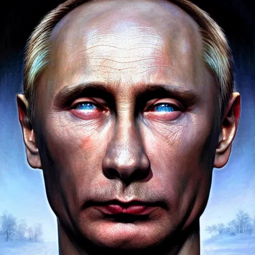 Image similar to vladimir putin, putin unga bunga, vladimir putin macabre face, by donato giancola and greg rutkowski and wayne barlow and zdzisław beksinski, realistic face, digital art