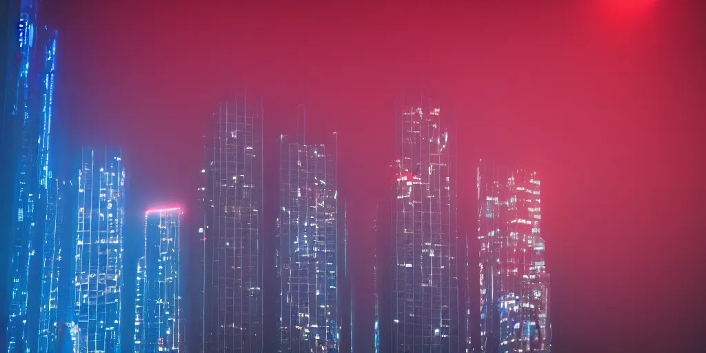 Prompt: skyscrapers disappearing into the fog, low angle, closeup, future retro city, night, neon, red lights, blue atmosphere, cinematic, underexposed, 135mm lens,