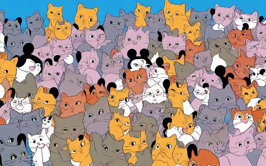 Image similar to a thousand cats forming a giant threatening mega cat, disney cartoon, Aristocats
