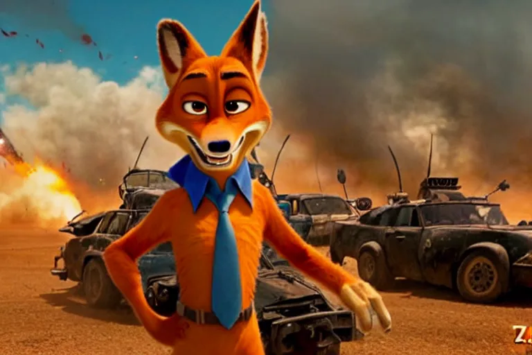 Image similar to nick wilde ( from zootopia ), heavily armed and armored facing down armageddon in a dark and gritty reboot from the makers of mad max : fury road