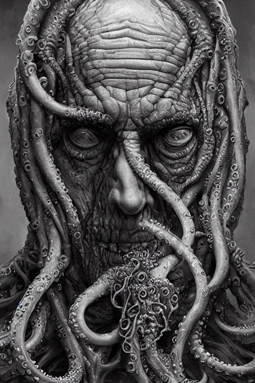 Image similar to realistic portrait of beautifully crystalized and detailed portrait of a zombie old man, tentacles, matte painting of cinematic movie scene red dragon, horror, created by gustave dore and greg rutkowski, high detailed, smooth draw, synthwave neon retro, intricate, realistic proportions, dramatic lighting, trending on artstation.