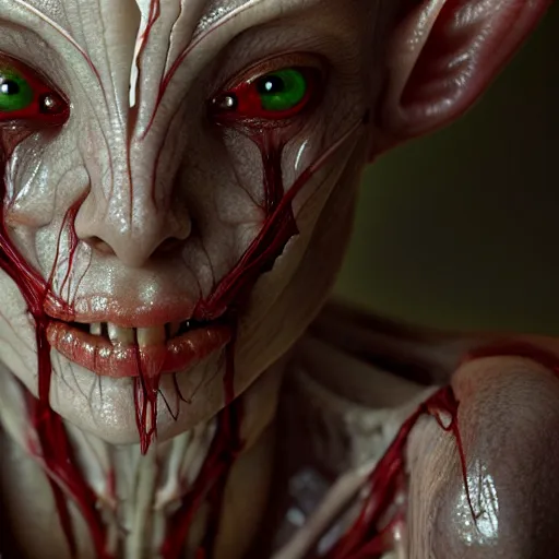 Image similar to female elf with translucent skin, visible muscles and veins and arteries and bones and spine and nerves, beautiful detailed intricate insanely detailed octane render, 8K artistic photography, photorealistic, chiaroscuro, by David Cronenberg, Raphael, Caravaggio