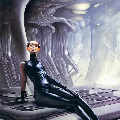 Image similar to epic masterpiece full body portrait a beautiful woman, with a beautiful face and flawless skin, lounging inside a spaceship designed by H.R. Giger, dark background, eerie fog, by Edgar Maxence and Ross Tran and Michael Whelan