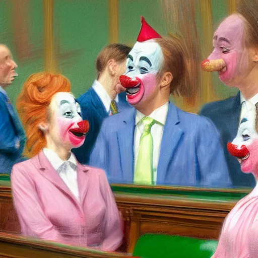 Image similar to a highly detailed beautiful portrait close up hyper realistic photograph of british members of parliament in the house of commons wearing pastel coloured clown costumes with pleasant oversized joyful faces, they are smoking. in the style of edward hopper, richard hamilton. concept art. green leather benches. photographic. concept. crisp digital art. no artefacts. desaturated. high fidelity facial portrait. 8 k