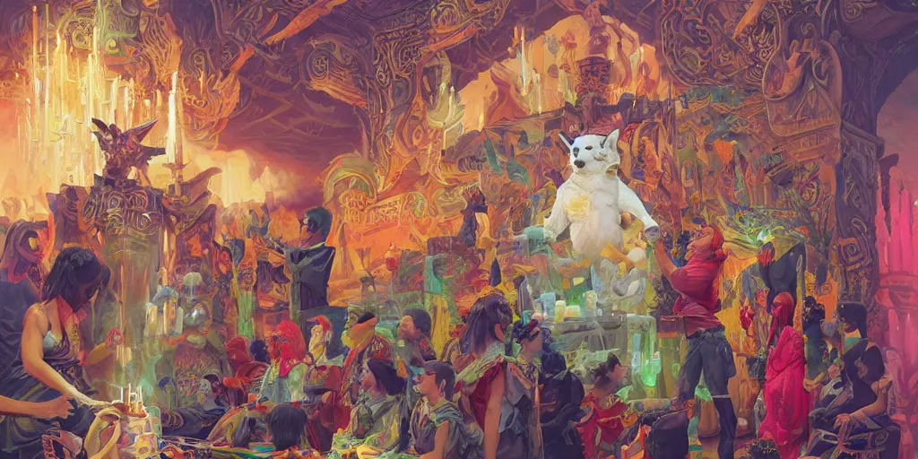 Image similar to beautiful painting of fantasy corgi cult leader doing sacrificial ceremony, by Tristan Eaton, James Gurney, greg rutkowski. trending on Artstation, 8k, masterpiece, graffiti paint, fine detail, full of color, intricate detail, golden ratio illustration, corgi