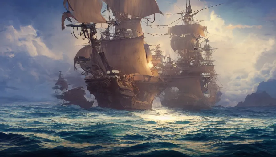 Image similar to A highly detailed matte painting of a huge pirate ship in the ocean by Studio Ghibli, Makoto Shinkai, by Artgerm, by beeple, volumetric lighting, octane render, 4K resolution, trending on artstation