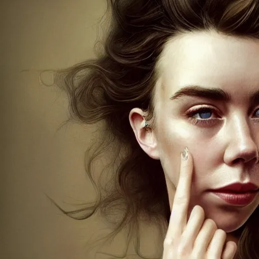 Image similar to stunning photo of vanessa kirby, dark - haired goddess, a beautiful closeup, she has tears running down her face, wet lips, perfect eyes, insanely detailed, elegant, by wlop, rutkowski, livia prima, mucha,