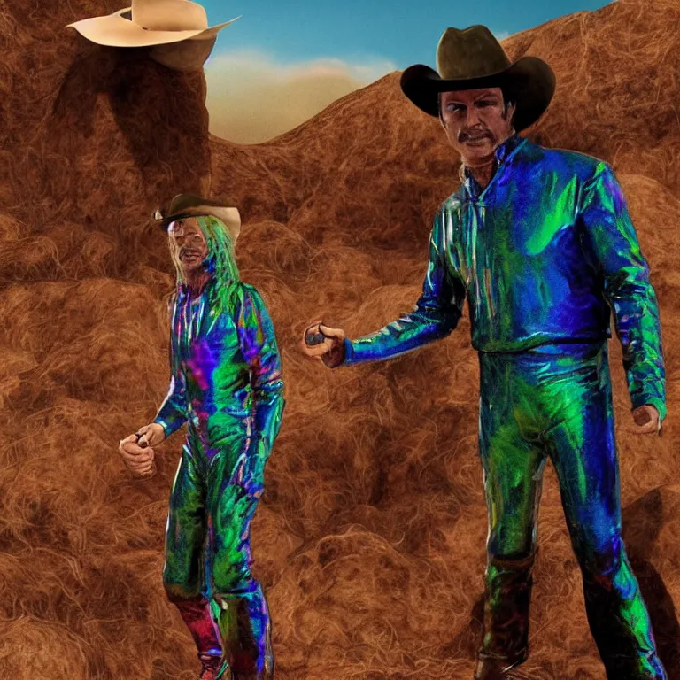 Image similar to 1 9 7 0's spaghetti western film octane render portrait by wayne barlow and carlo crivelli and glenn fabry, a person wearing a shiny colorful iridescent full - body latex suit and cowboy hat covered in colorful slime, standing in a scenic western landscape, cinema 4 d, ray traced lighting, very short depth of field, bokeh