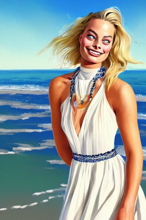 Prompt: portrait of a Margot Robbie wearing a sundress on the beach, looking at camera, D&D, choker on neck, stylish dress, long hair, intricate, elegant, stylish, cute smile, fantasy, extremely detailed, digital painting, artstation, concept art, smooth, sharp focus, illustration, ambient lighting, art by artgerm and greg rutkowski and alphonse mucha and simon stalenhag