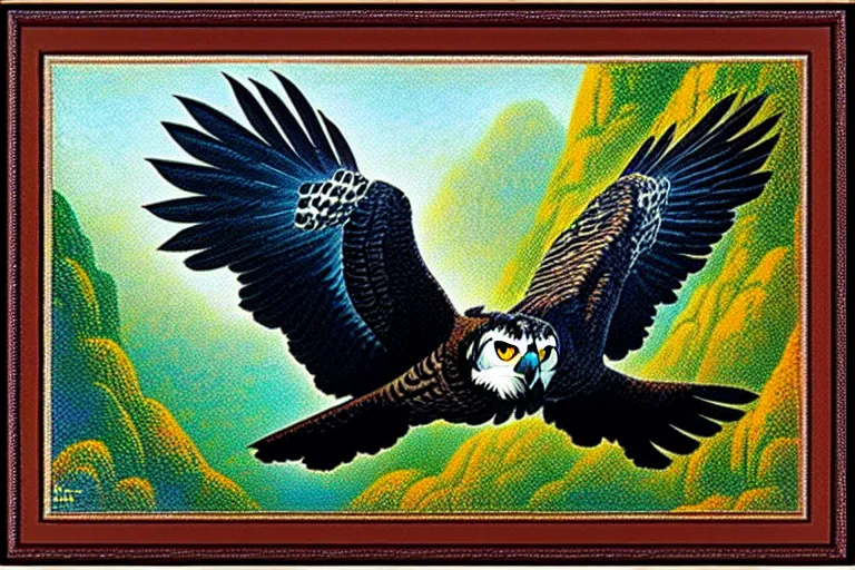 Prompt: harpy eagle framed photo, carl barks, pointillism, high saturation