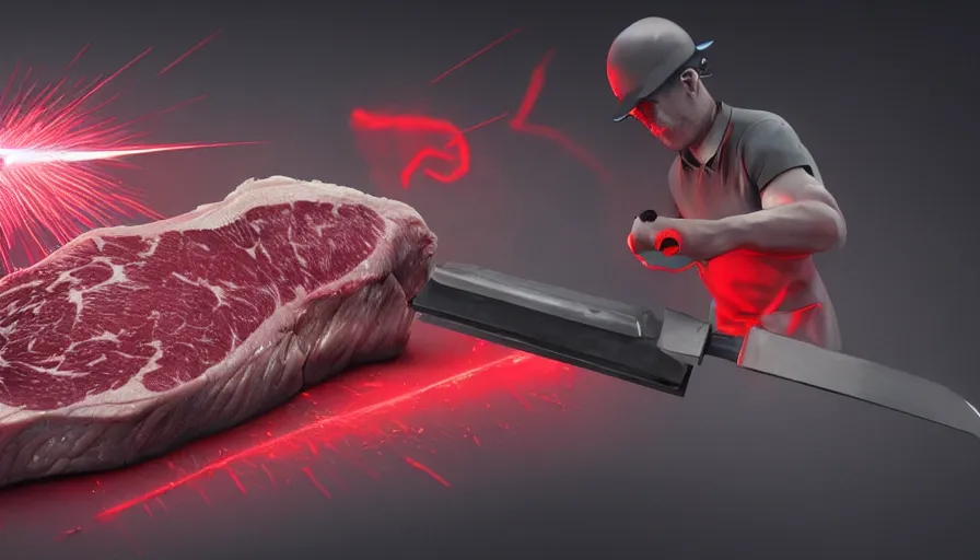 Prompt: billy butcher cutting a piece of steak with lazers coming from his eyes, hyperdetailed, artstation, cgsociety, 8 k