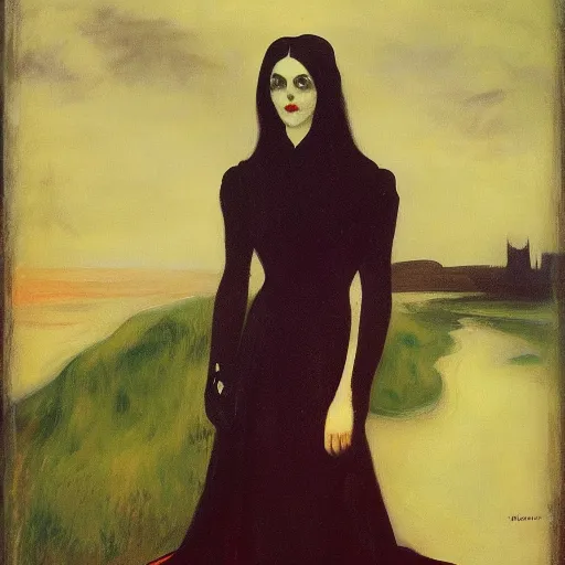 Prompt: A beautiful painting of a lady vampire, victorian, dracula, ominous, oil on canvas, photorealism, edvard munch, Johann Heinrich Füssli, irwin penn, high definition, soft light