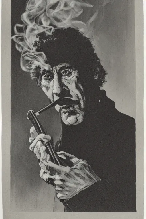 Prompt: portrait of kramer from senfeld, smoking a pipe, atmospheric, black and white