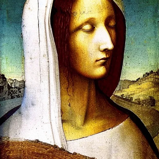 Prompt: realistic medieval painting portrait of white angel with clean narrow face like noface and miracle light coming up from the head, 3 / 4, grace and blessing, sfumato effect by leonardo da vinci, renaissance, christianity, all colors in white