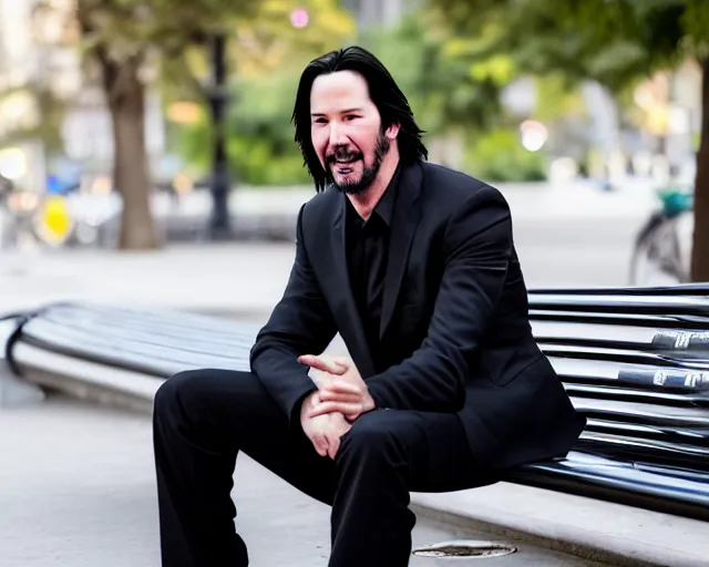 Image similar to photo of happy keanu reeves in jeans and black tux jacket sitting on a bench in the street. dof. lifelike. ultra detailed. intricate. soft light. nikon d 8 5 0.