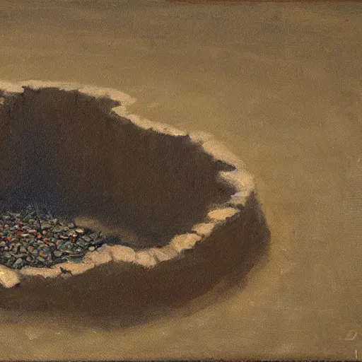 Prompt: small seed sitting in a shallow hole in fresh earth. the painting is characterized by its use of light and shadow to create a sense of depth, its muted colors, and its focus on nature.