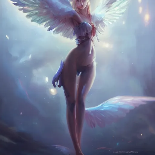 Image similar to an oil painting of a beautiful anime girl with wings, by artgerm, wlop and greg rutkowski, hd, hdr, ue 5, ue 6, unreal engine 5, cinematic 4 k wallpaper, 8 k, ultra detailed, high resolution, artstation, award winning