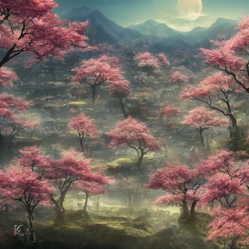 Image similar to old empty samurai city surrounded by sakura trees, beautiful valley and mountains with forest, sunrise matte painting, digital art, artistation