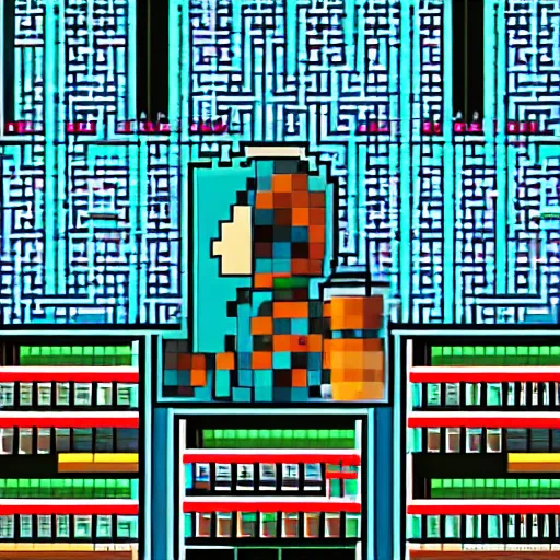 Prompt: pixel art of programmer in front of his computer station, pixel art, detailed, ideal symmetry, perfect pixel alignment, 8 k,